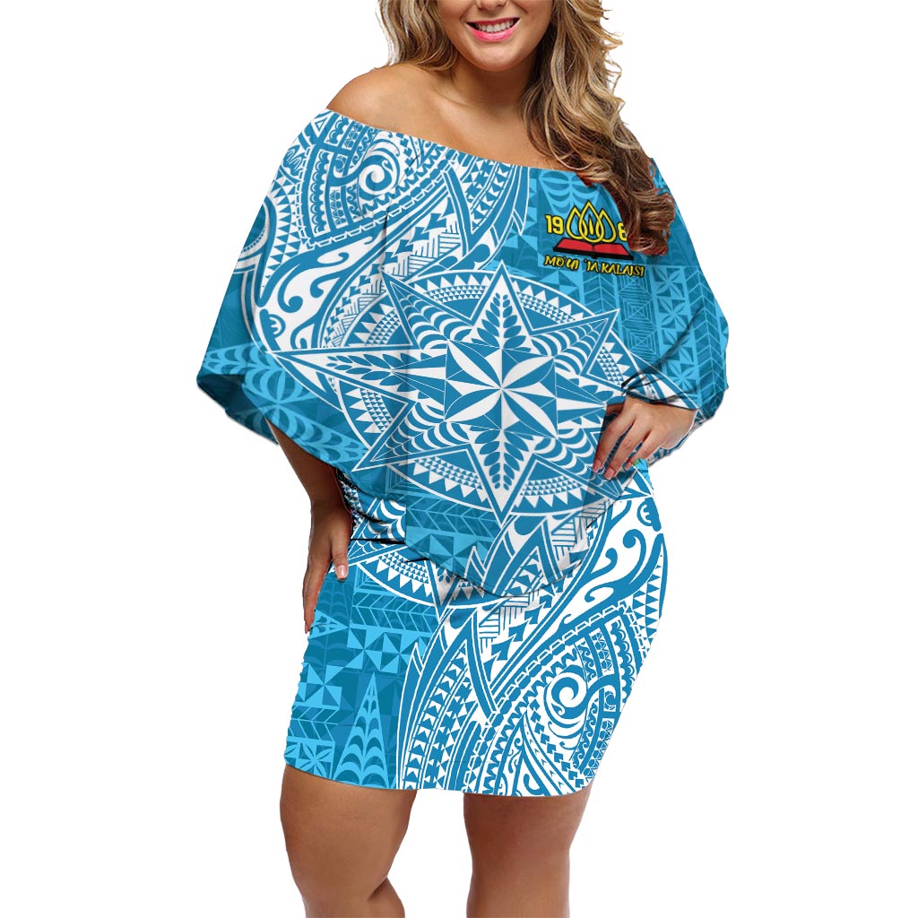 Personalised Tonga Lavengamalie College Off Shoulder Short Dress Since 1980 Special Kupesi Pattern LT9 Women Blue - Polynesian Pride
