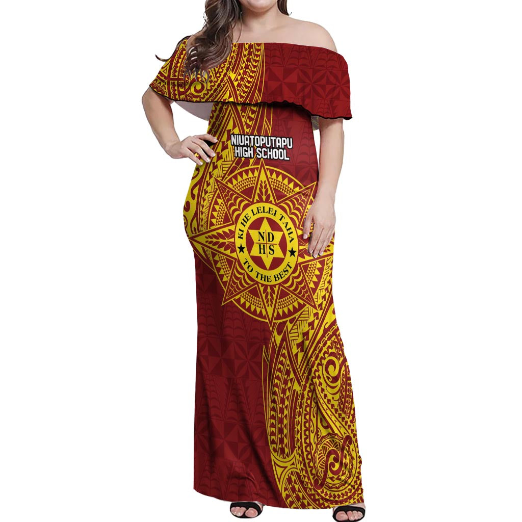 Personalised Tonga Niuatoputapu High School Off Shoulder Maxi Dress Special Kupesi Pattern LT9 Women Gold - Polynesian Pride