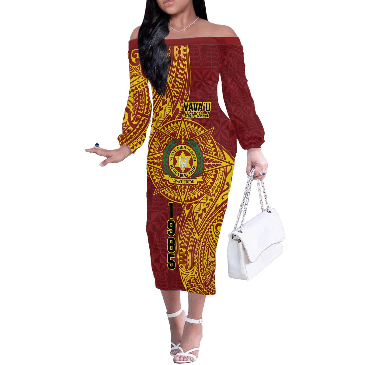 Personalised Tonga Vava'u High School Off The Shoulder Long Sleeve Dress Since 1985 Special Kupesi Pattern LT9 Women Red - Polynesian Pride