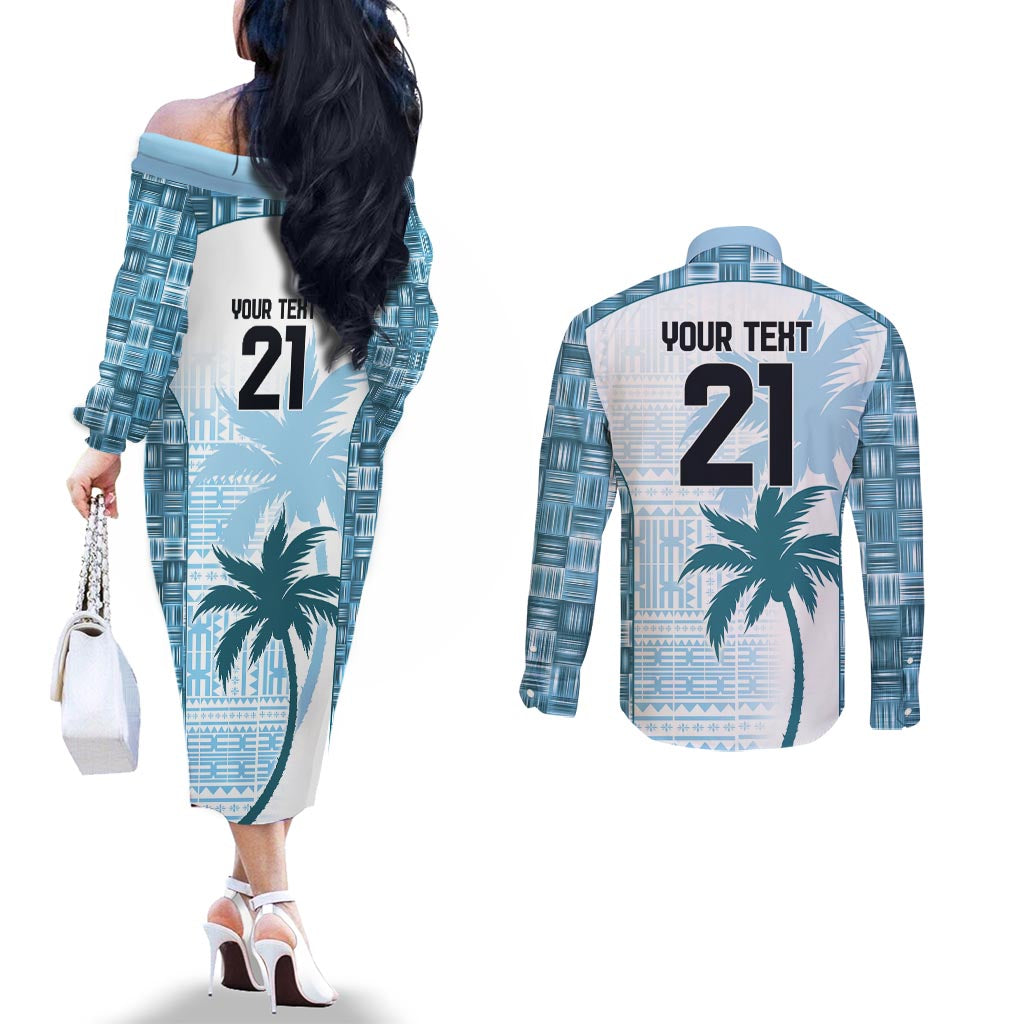 Custom Fiji Rugby Couples Matching Off The Shoulder Long Sleeve Dress and Long Sleeve Button Shirt History Champions World Cup 7s - Bllue