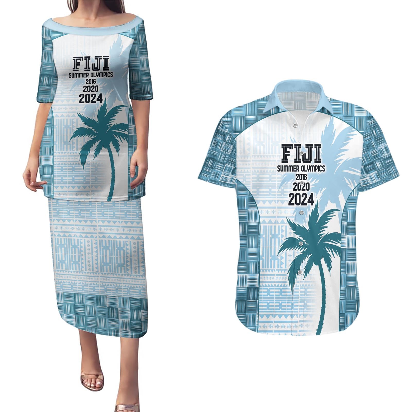 Custom Fiji Rugby Couples Matching Puletasi and Hawaiian Shirt History Champions World Cup 7s - Bllue