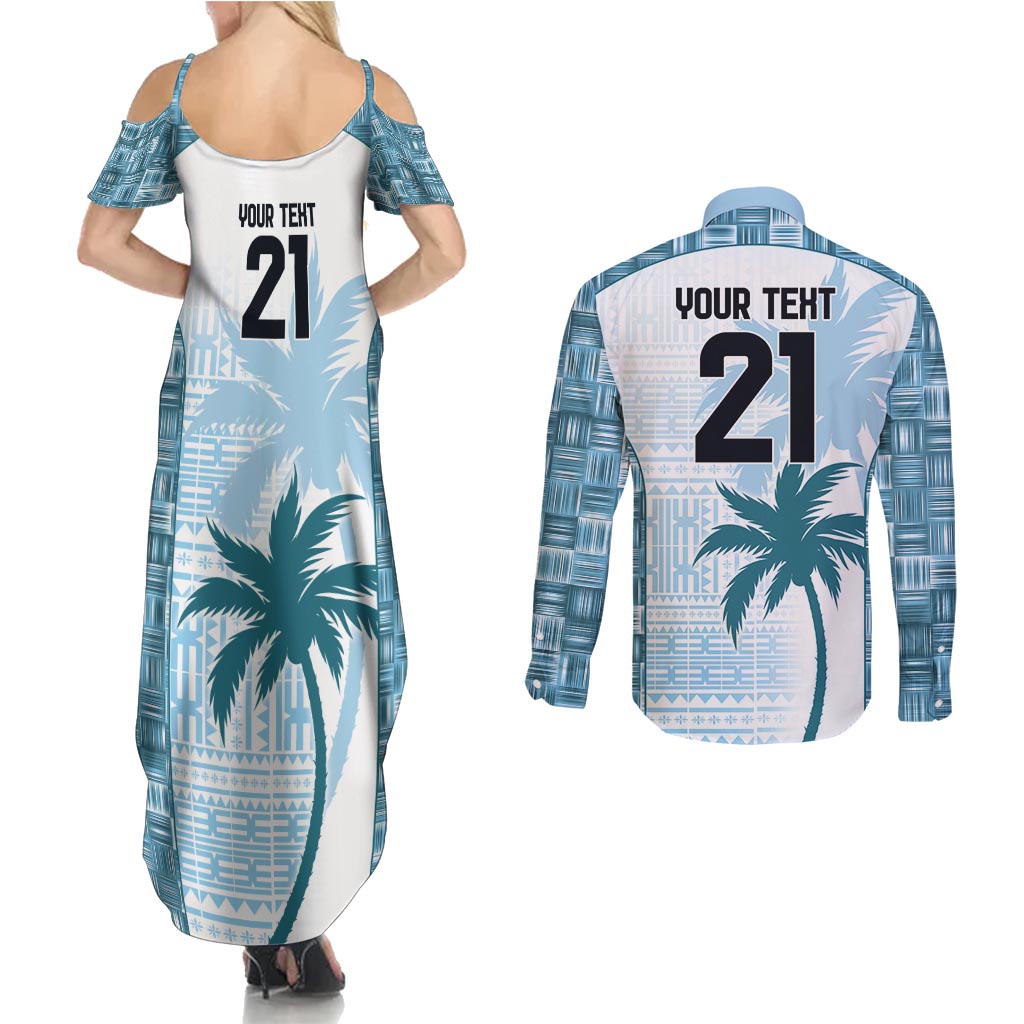 Custom Fiji Rugby Couples Matching Summer Maxi Dress and Long Sleeve Button Shirt History Champions World Cup 7s - Bllue