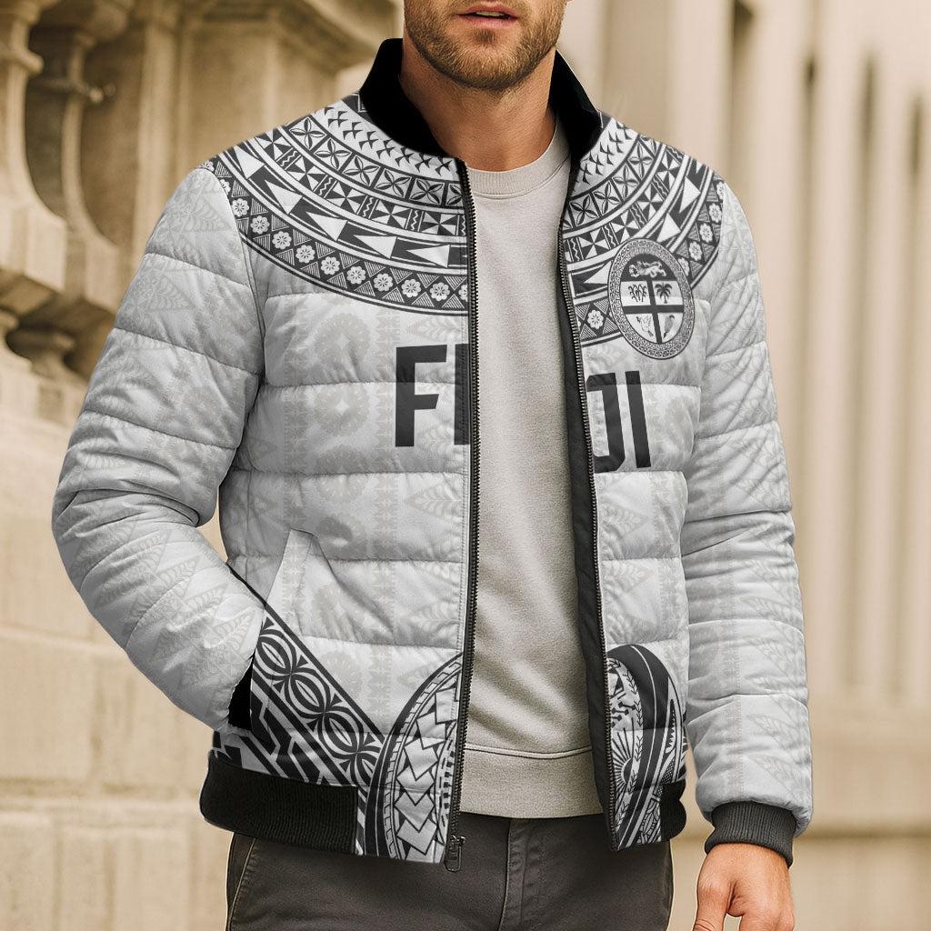 Custom Rugby Fiji National Heritage Bomber Puffer Jacket White Traditional Masi Inspired