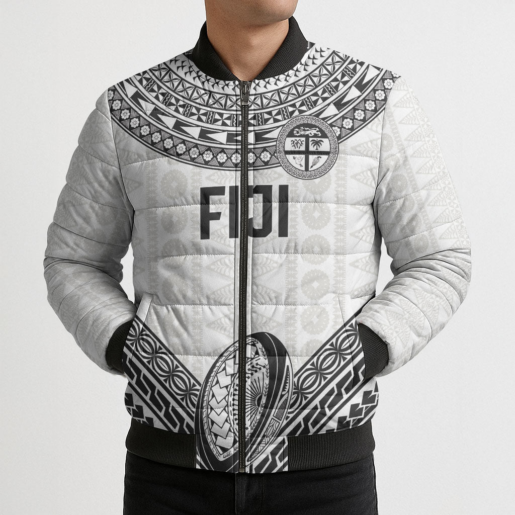 Custom Rugby Fiji National Heritage Bomber Puffer Jacket White Traditional Masi Inspired