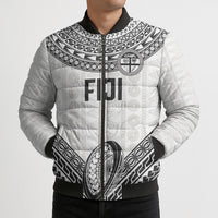 Custom Rugby Fiji National Heritage Bomber Puffer Jacket White Traditional Masi Inspired