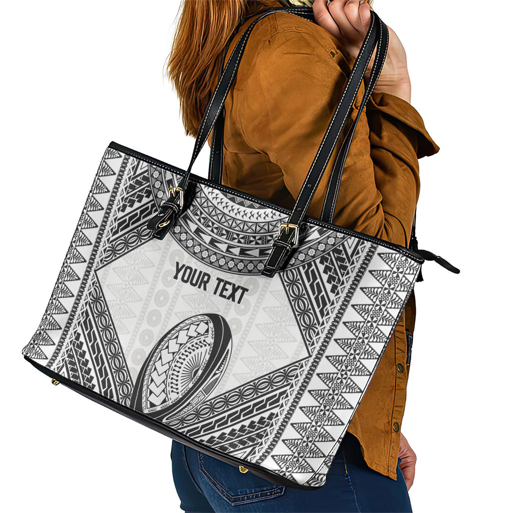 Custom Rugby Fiji National Heritage Leather Tote Bag White Traditional Masi Inspired