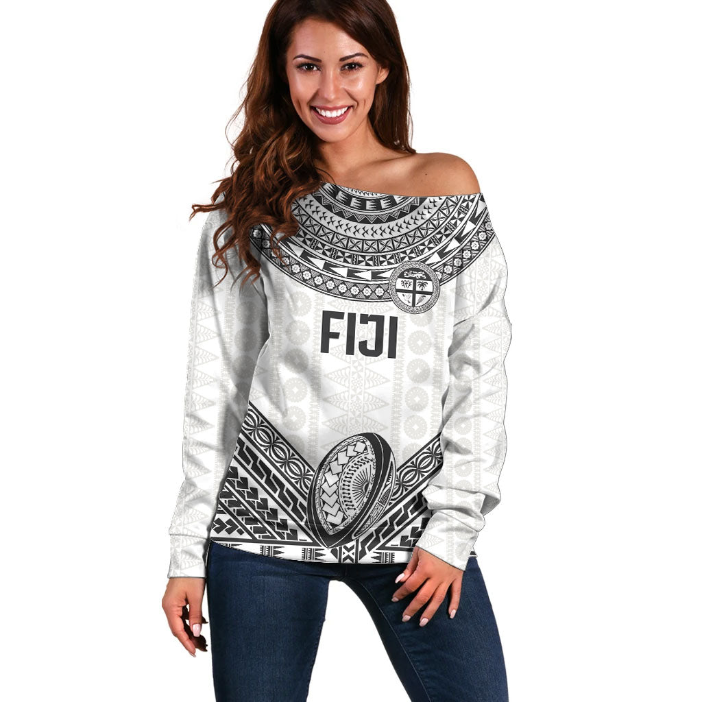 Custom Rugby Fiji National Heritage Off Shoulder Sweater White Traditional Masi Inspired