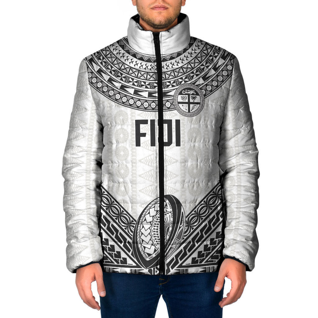 Custom Rugby Fiji National Heritage Padded Jacket White Traditional Masi Inspired LT9 Men White - Polynesian Pride