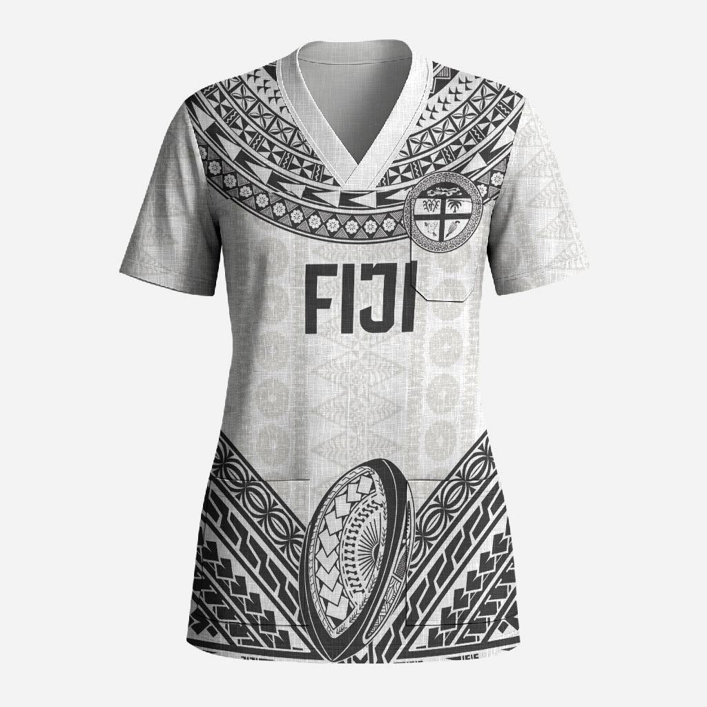 Custom Rugby Fiji National Heritage Scrub Top White Traditional Masi Inspired LT9 Adult White - Polynesian Pride