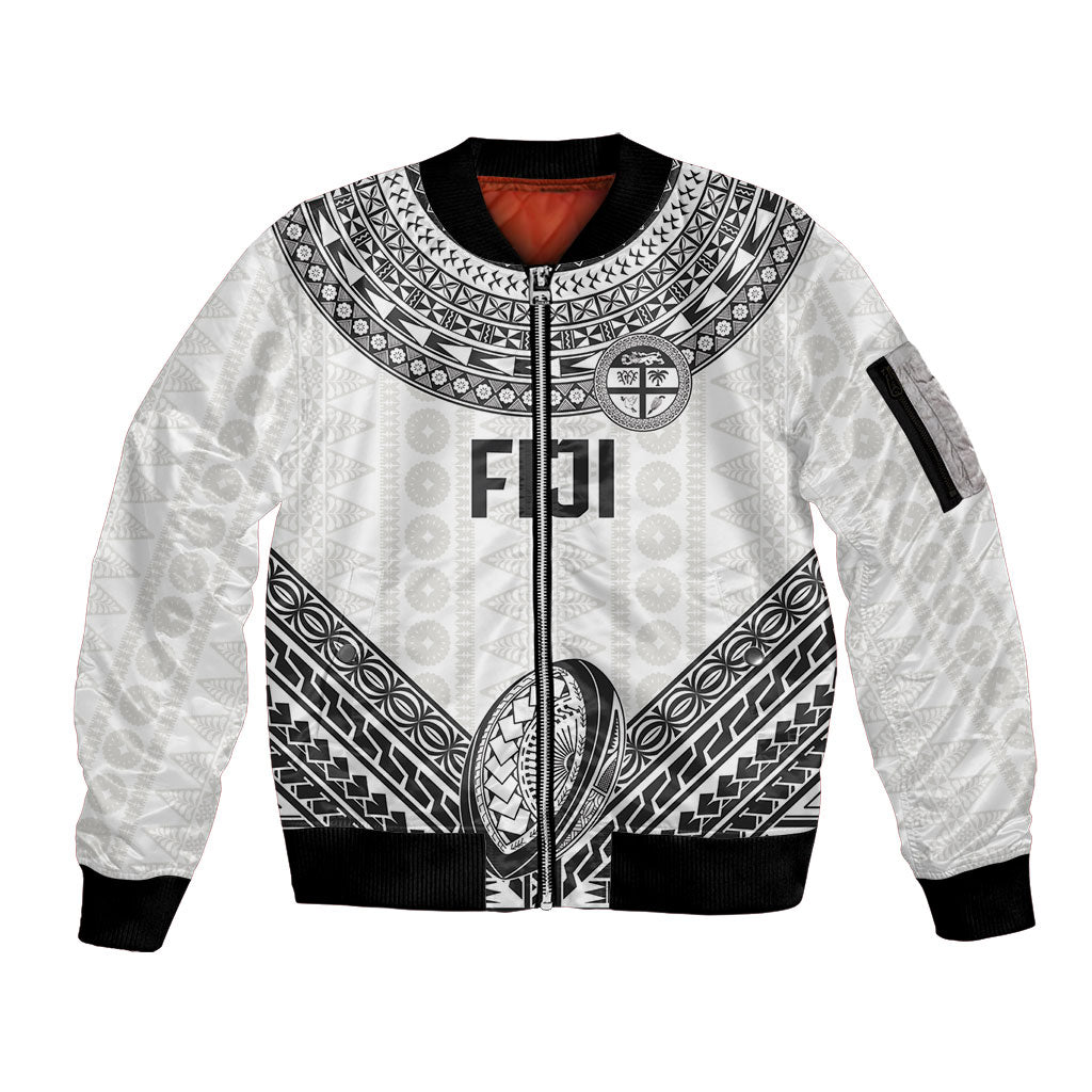 Custom Rugby Fiji National Heritage Sleeve Zip Bomber Jacket White Traditional Masi Inspired LT9 Unisex White - Polynesian Pride
