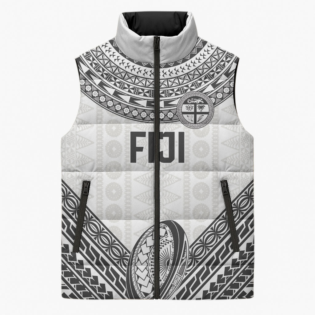 Custom Rugby Fiji National Heritage Sleeveless Puffer Jacket White Traditional Masi Inspired LT9 Unisex White - Polynesian Pride