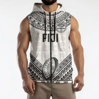Custom Rugby Fiji National Heritage Sleeveless Zip Hoodie White Traditional Masi Inspired