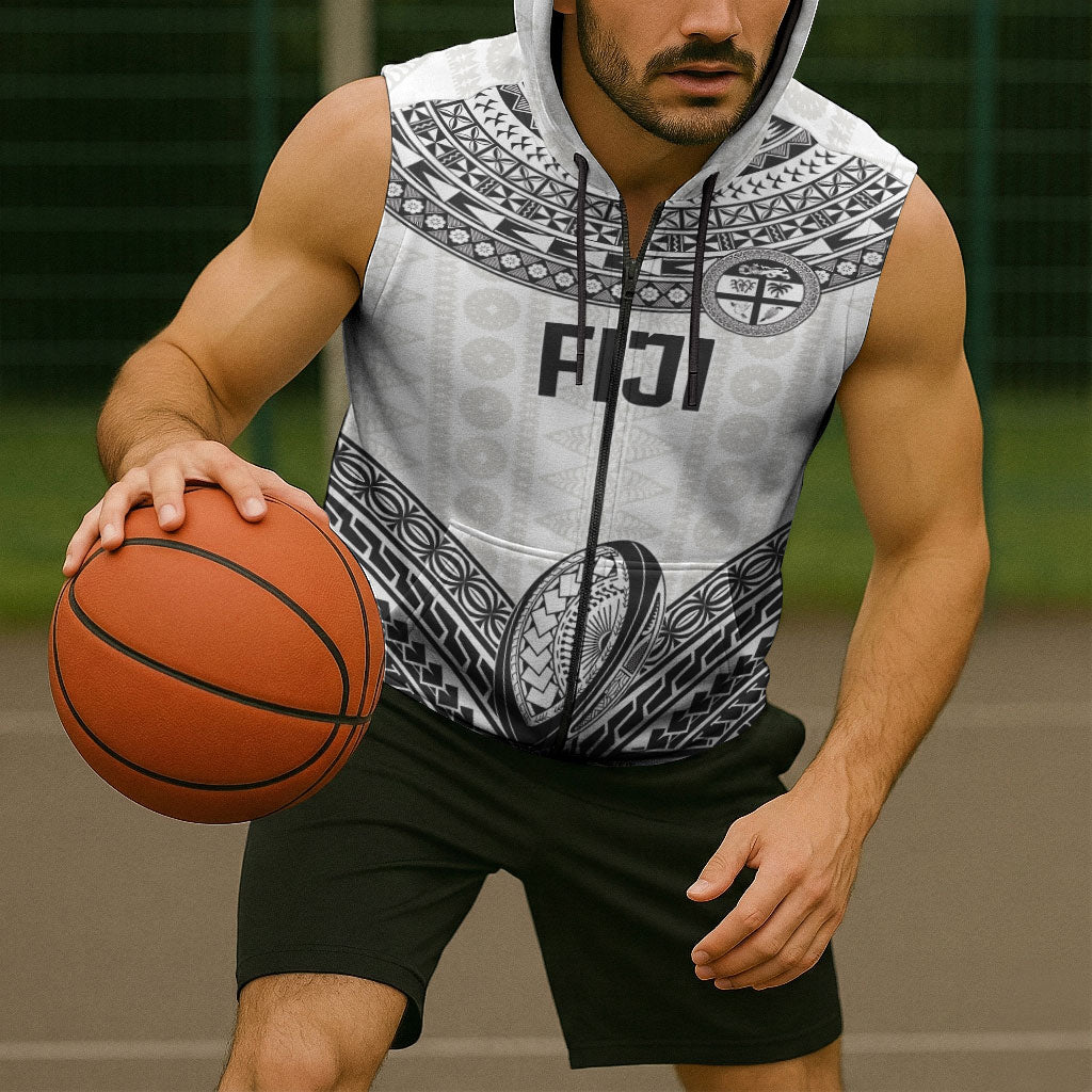 Custom Rugby Fiji National Heritage Sleeveless Zip Hoodie White Traditional Masi Inspired