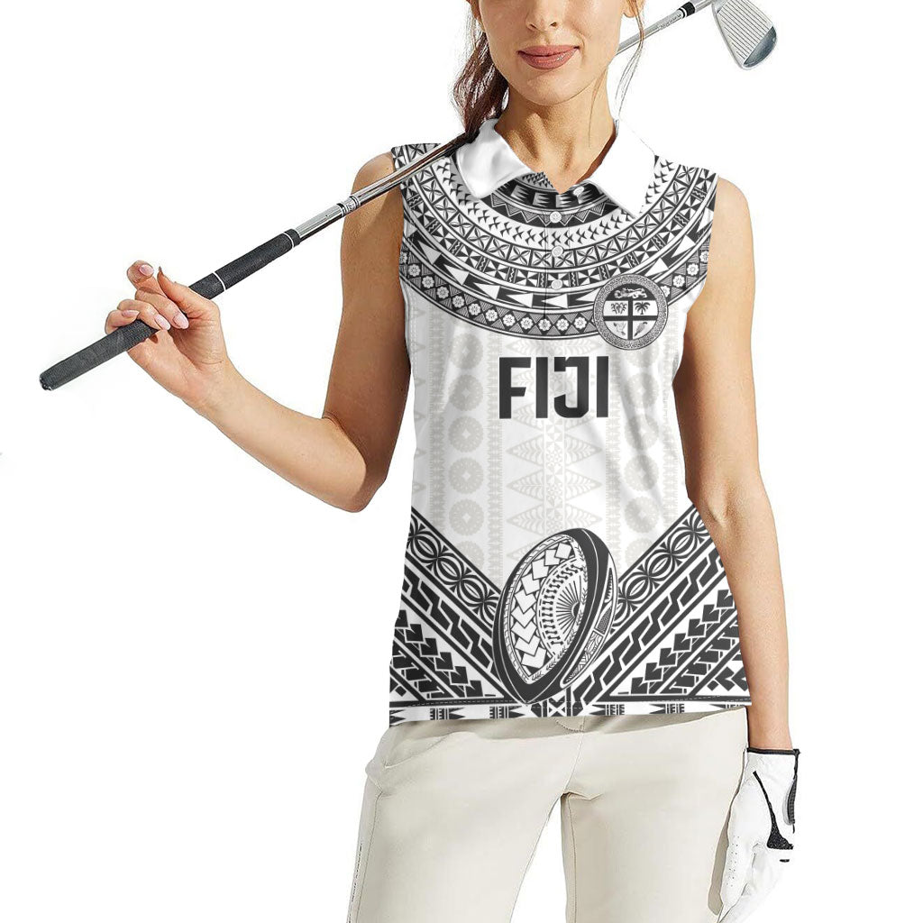 Custom Rugby Fiji National Heritage Women Sleeveless Polo Shirt White Traditional Masi Inspired