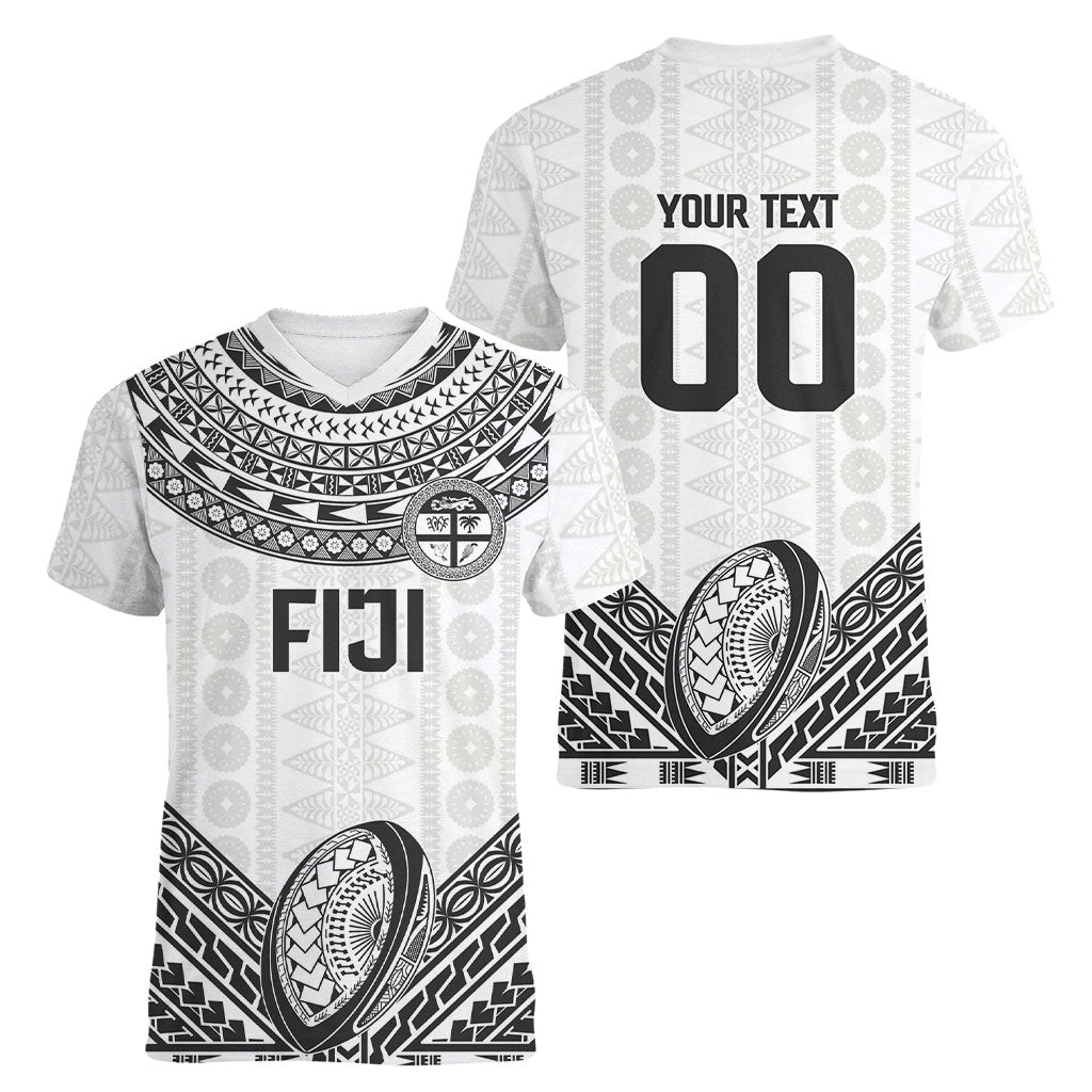 Custom Rugby Fiji National Heritage Women V-Neck T-Shirt White Traditional Masi Inspired
