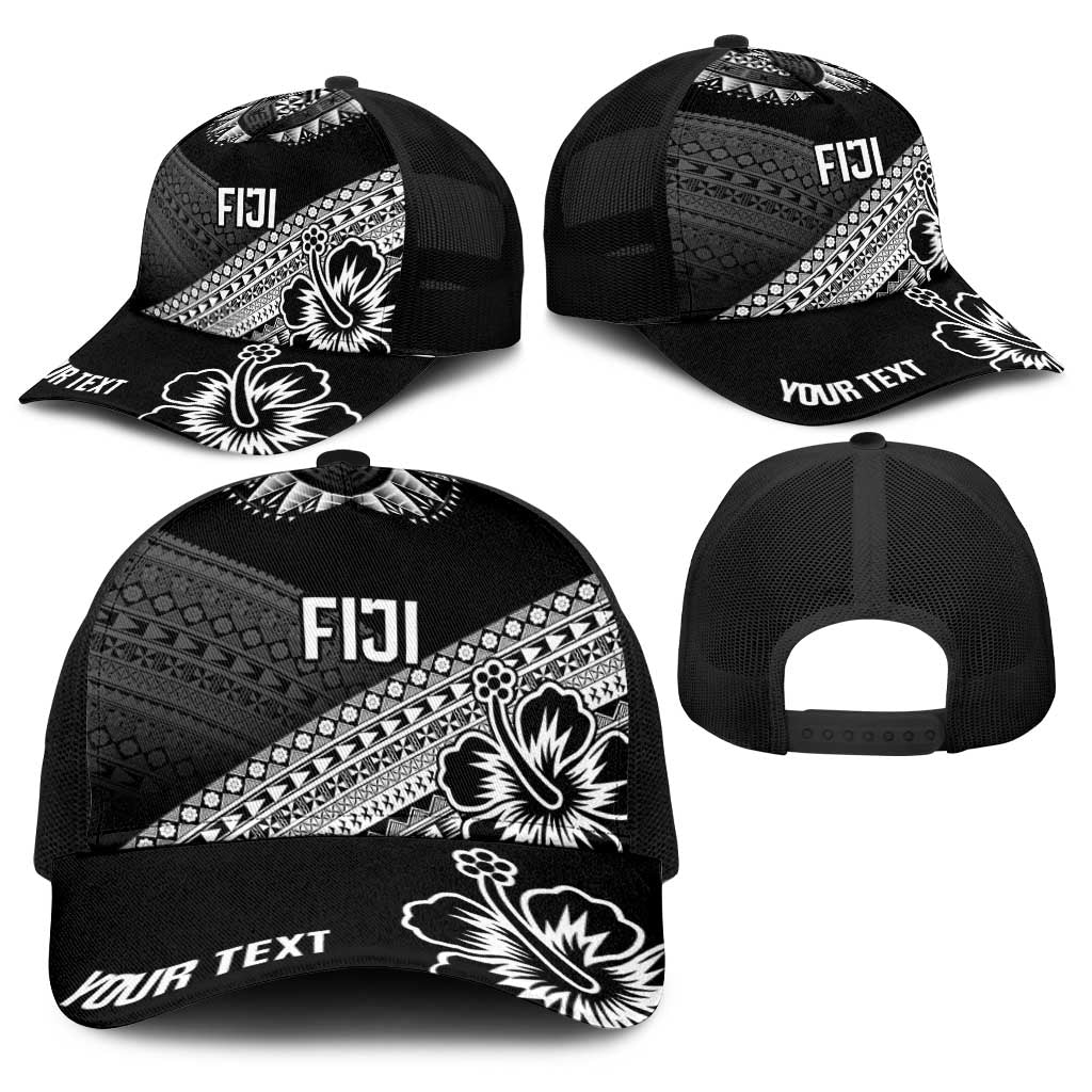 Personalised Rugby Fiji Baseball Net Cap Black Traditional Masi Inspired