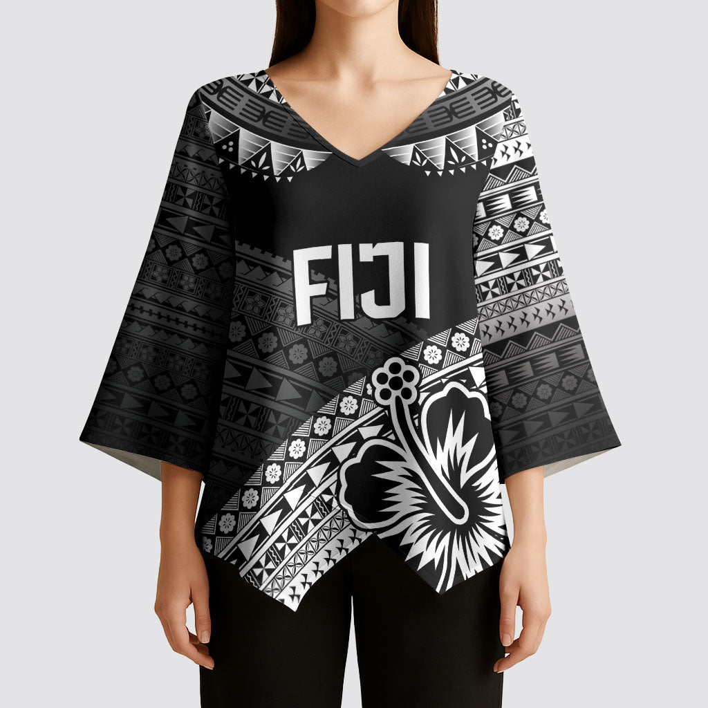 Custom Rugby Fiji Kimono Sleeve Blouse Black Traditional Masi Inspired