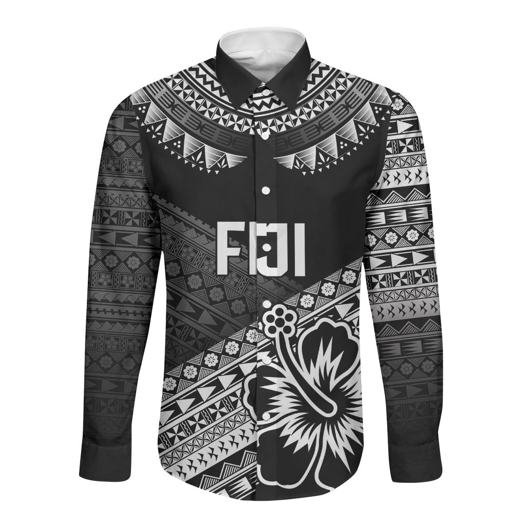 Custom Rugby Fiji Long Sleeve Button Shirt Black Traditional Masi Inspired