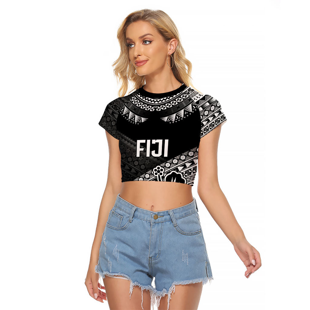 Custom Rugby Fiji Raglan Cropped T Shirt Black Traditional Masi Inspired LT9 Female Black - Polynesian Pride