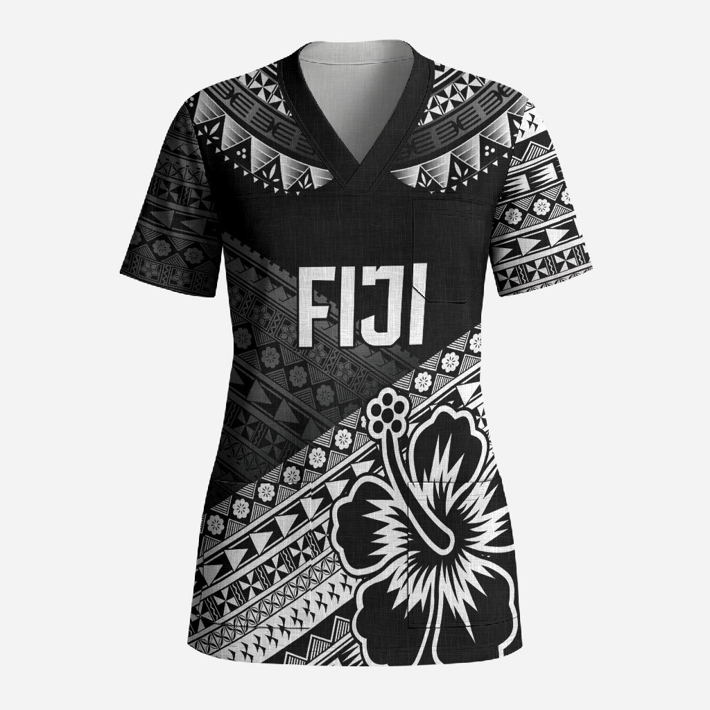 Custom Rugby Fiji Scrub Top Black Traditional Masi Inspired