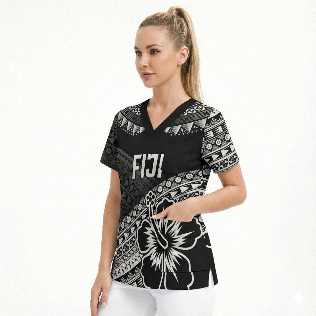 Custom Rugby Fiji Scrub Top Black Traditional Masi Inspired