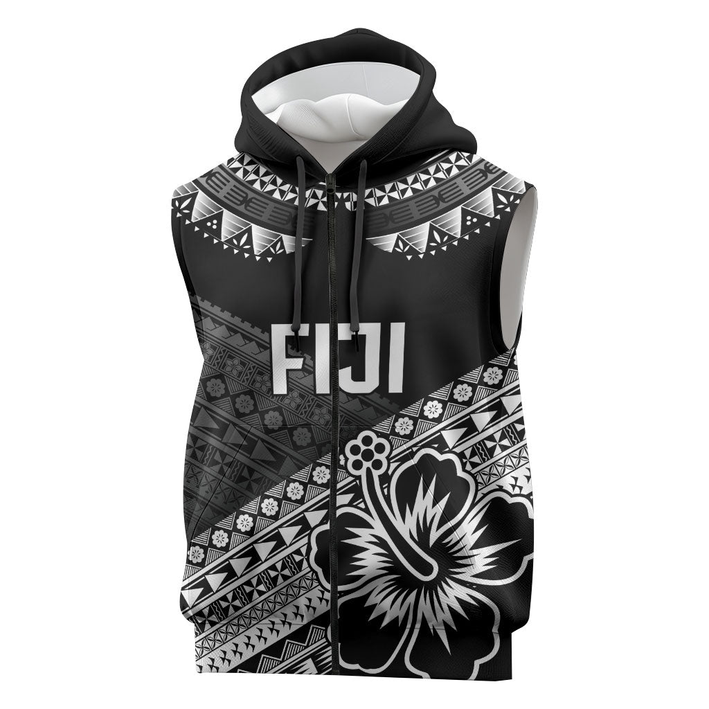 Custom Rugby Fiji Sleeveless Zip Hoodie Black Traditional Masi Inspired