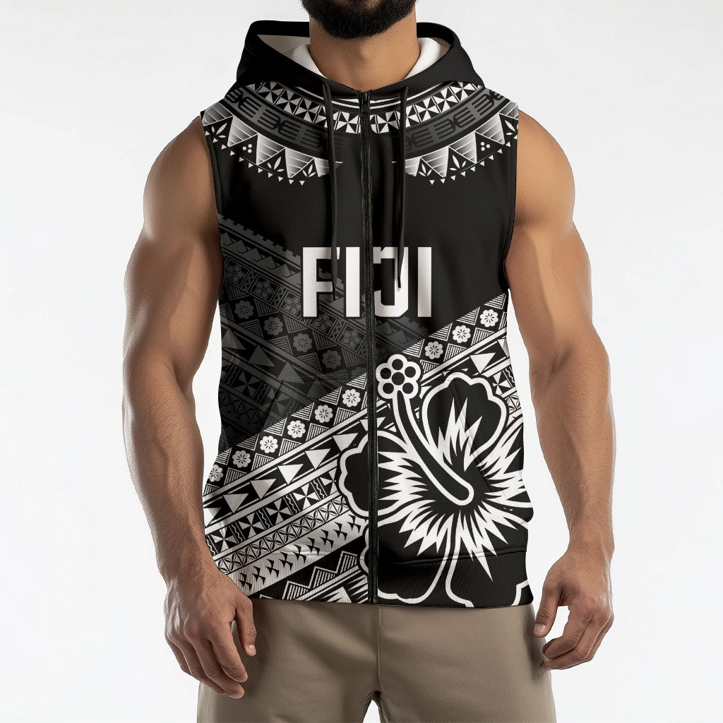 Custom Rugby Fiji Sleeveless Zip Hoodie Black Traditional Masi Inspired