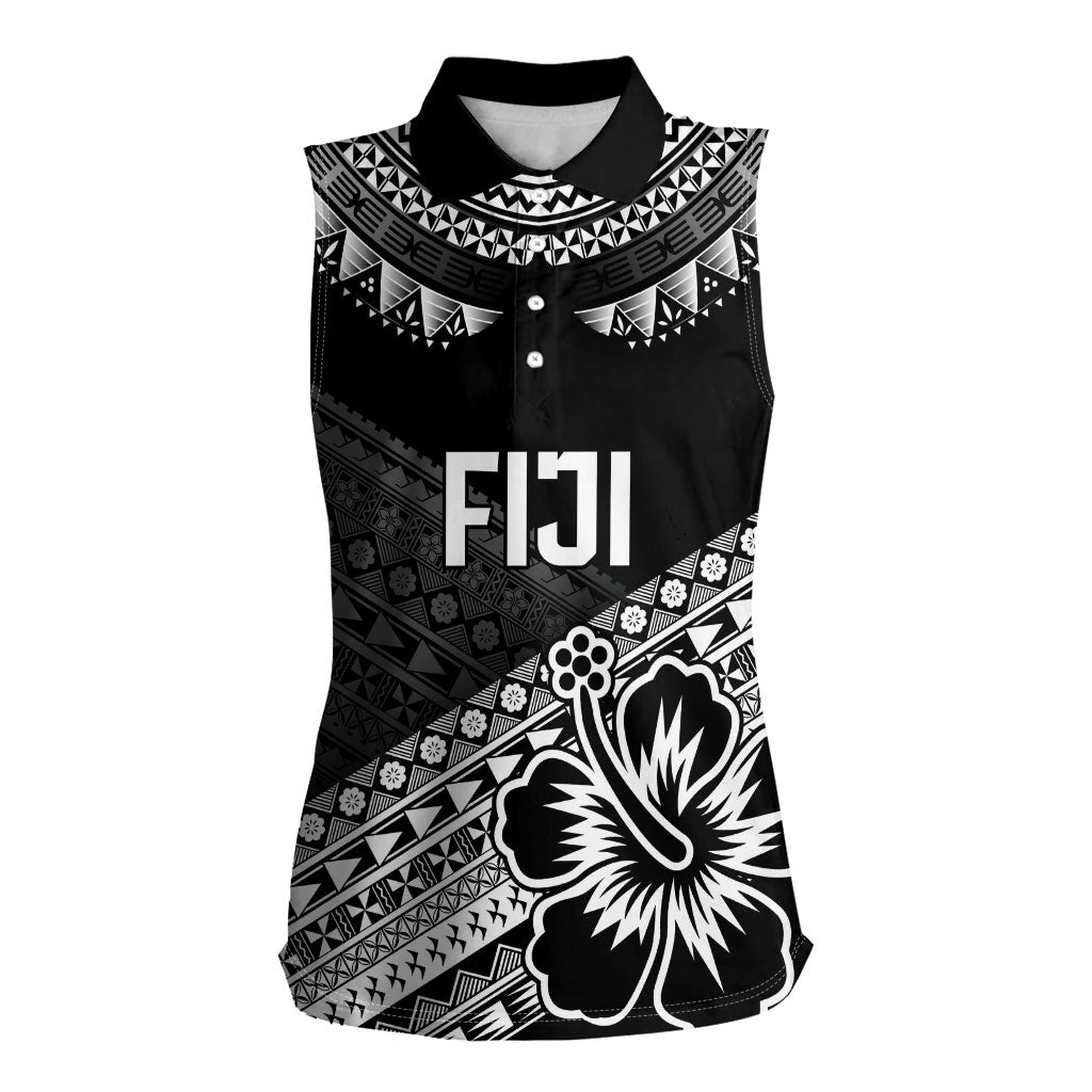 Custom Rugby Fiji Women Sleeveless Polo Shirt Black Traditional Masi Inspired