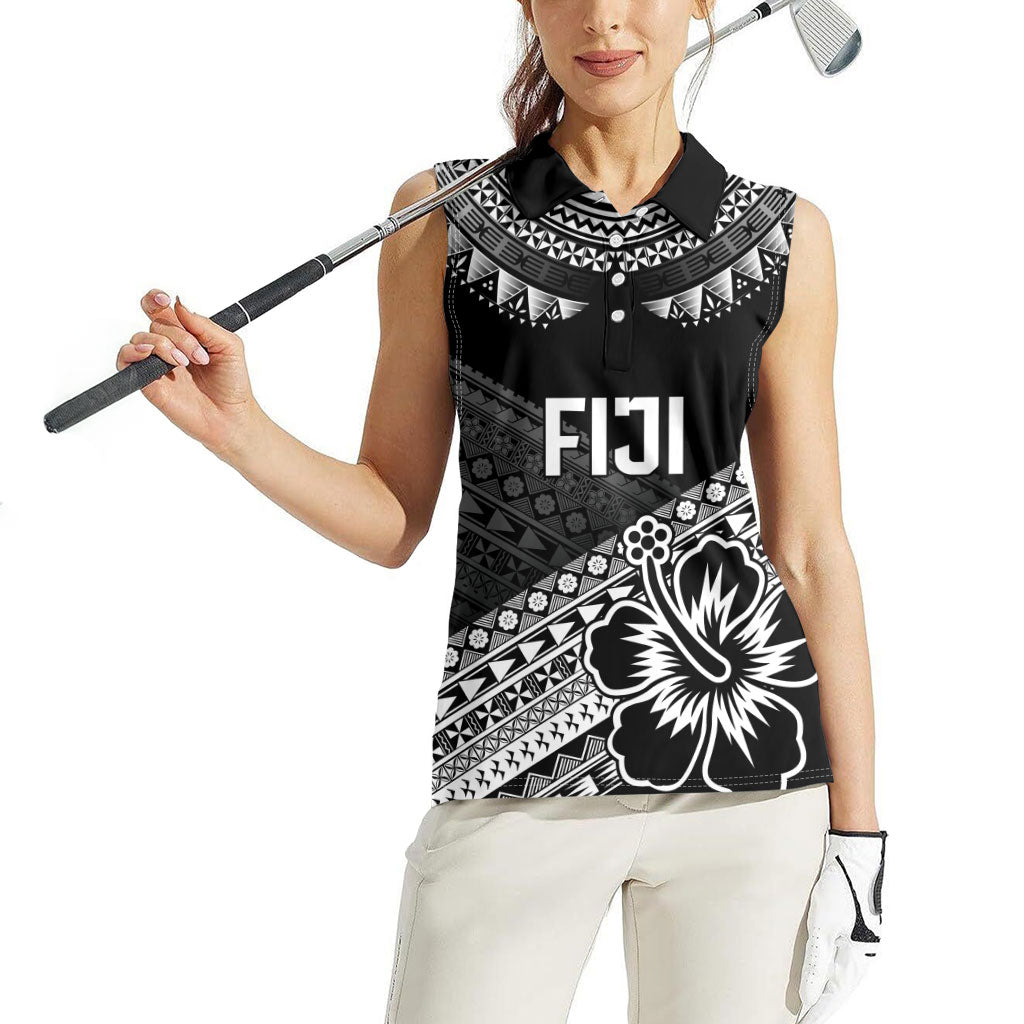 Custom Rugby Fiji Women Sleeveless Polo Shirt Black Traditional Masi Inspired
