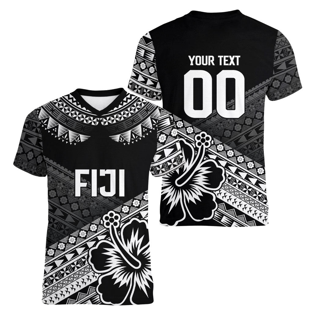 Custom Rugby Fiji Women V-Neck T-Shirt Black Traditional Masi Inspired