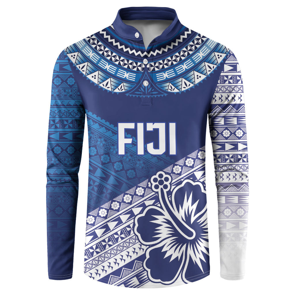 Custom Rugby Fiji Button Sweatshirt Blue Traditional Masi Inspired
