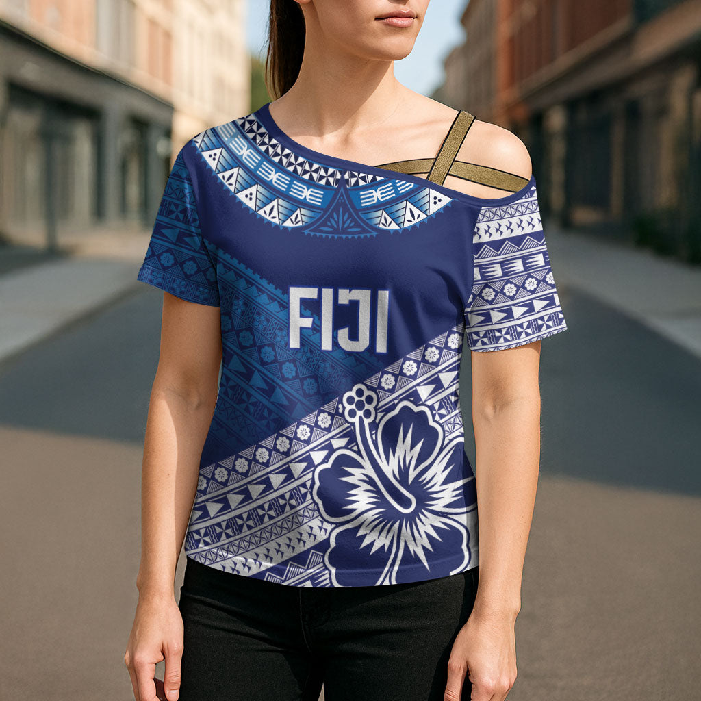 Custom Rugby Fiji Cross Shoulder Shirt Blue Traditional Masi Inspired