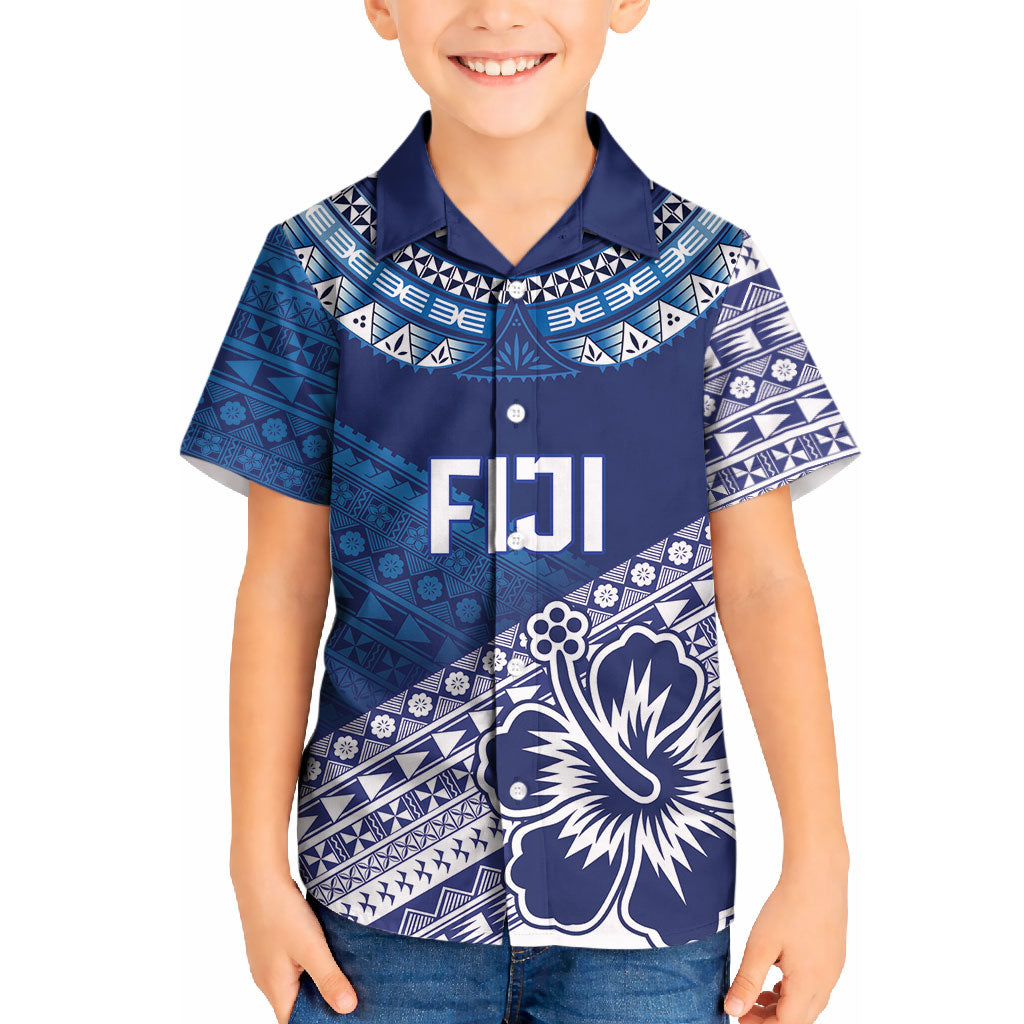 Custom Rugby Fiji Kid Hawaiian Shirt Blue Traditional Masi Inspired