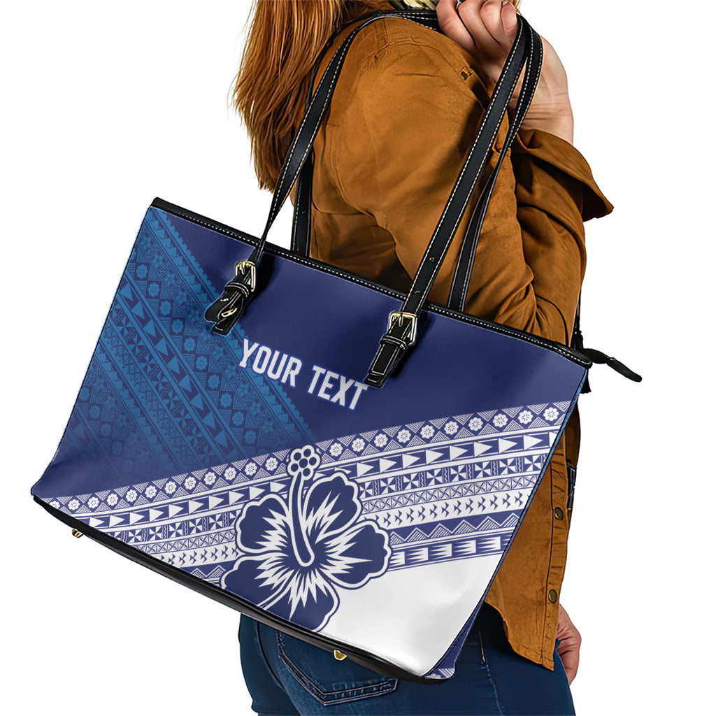 Custom Rugby Fiji Leather Tote Bag Blue Traditional Masi Inspired
