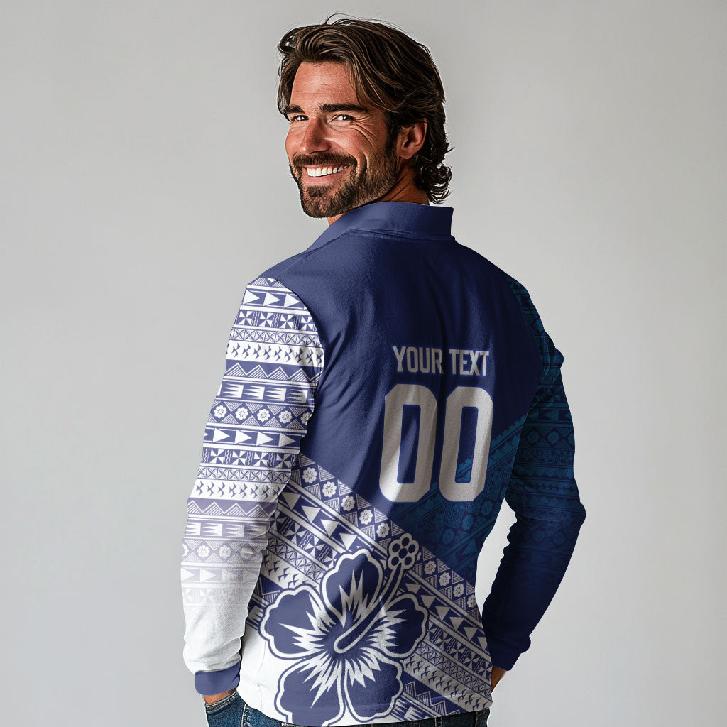 Custom Rugby Fiji Long Sleeve Polo Shirt Blue Traditional Masi Inspired