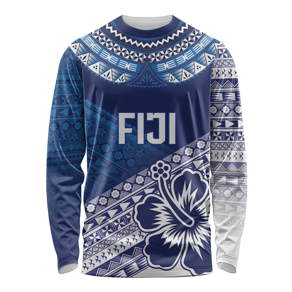 Custom Rugby Fiji Long Sleeve Shirt Blue Traditional Masi Inspired