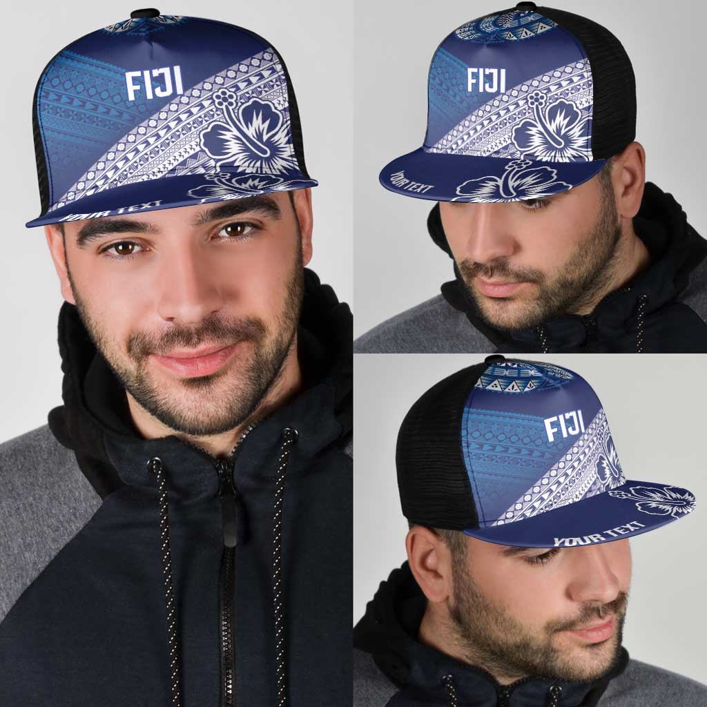 Personalised Rugby Fiji Mesh Trucker Cap Blue Traditional Masi Inspired