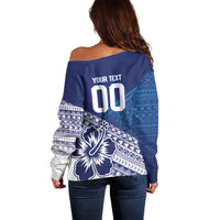 Custom Rugby Fiji Off Shoulder Sweater Blue Traditional Masi Inspired