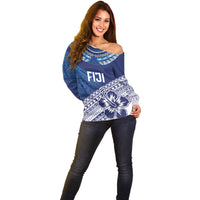 Custom Rugby Fiji Off Shoulder Sweater Blue Traditional Masi Inspired