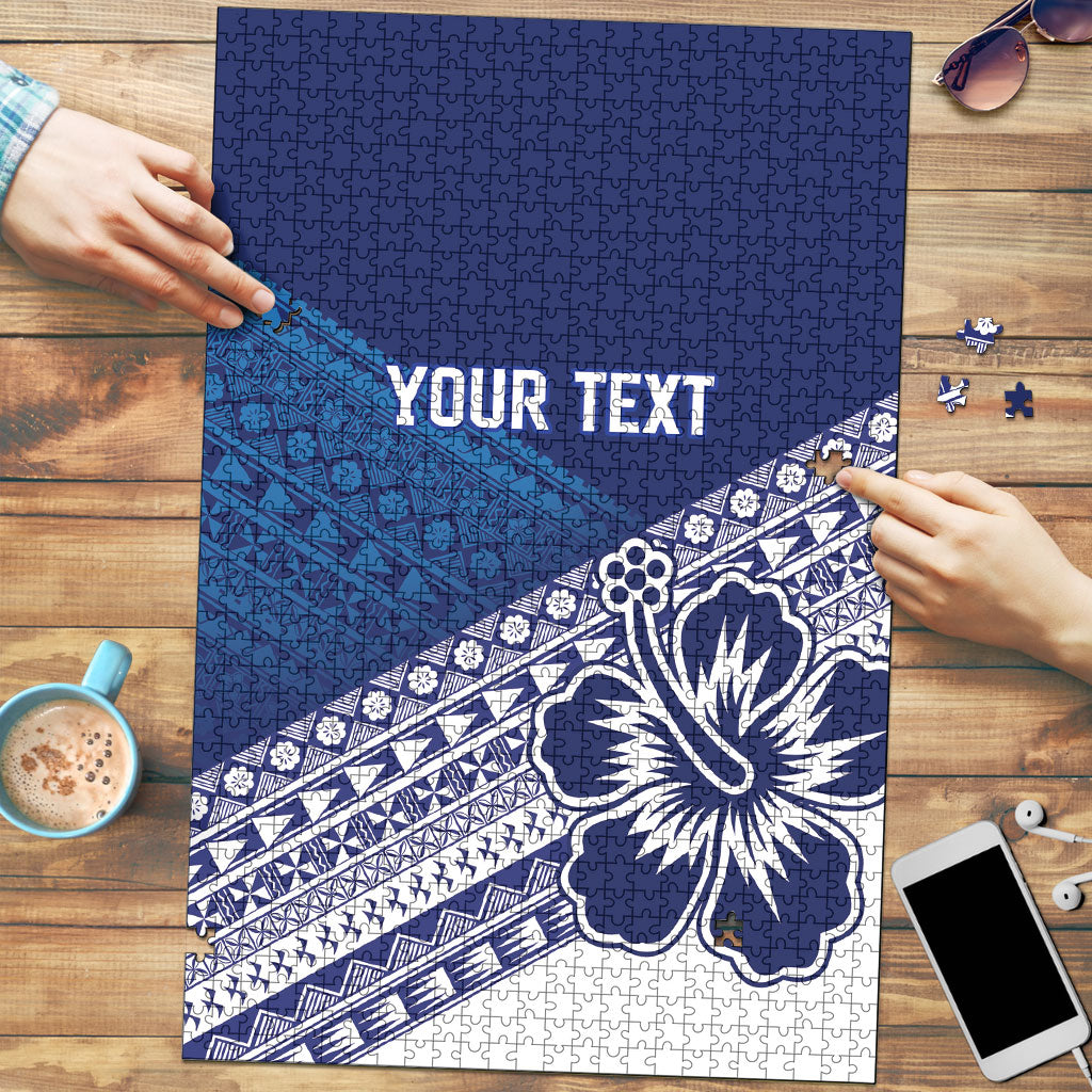 Custom Rugby Fiji Puzzle Blue Traditional Masi Inspired