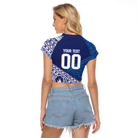 Custom Rugby Fiji Raglan Cropped T Shirt Blue Traditional Masi Inspired