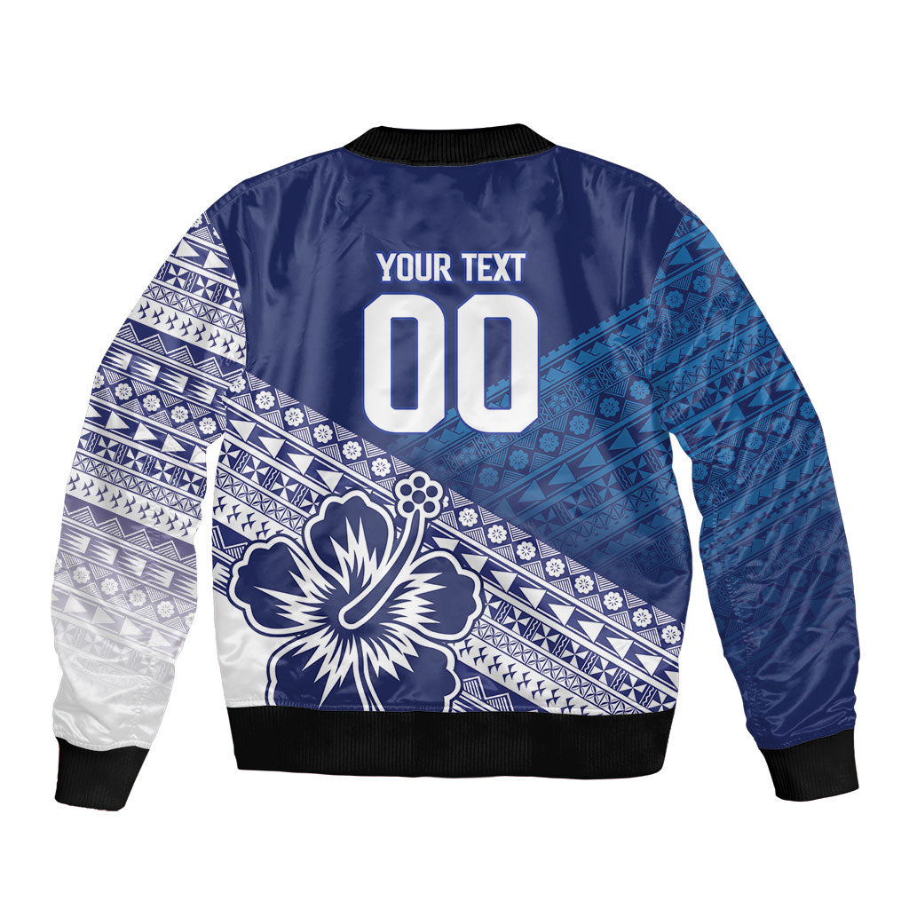 Custom Rugby Fiji Sleeve Zip Bomber Jacket Blue Traditional Masi Inspired
