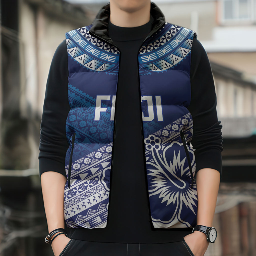 Custom Rugby Fiji Sleeveless Puffer Jacket Blue Traditional Masi Inspired