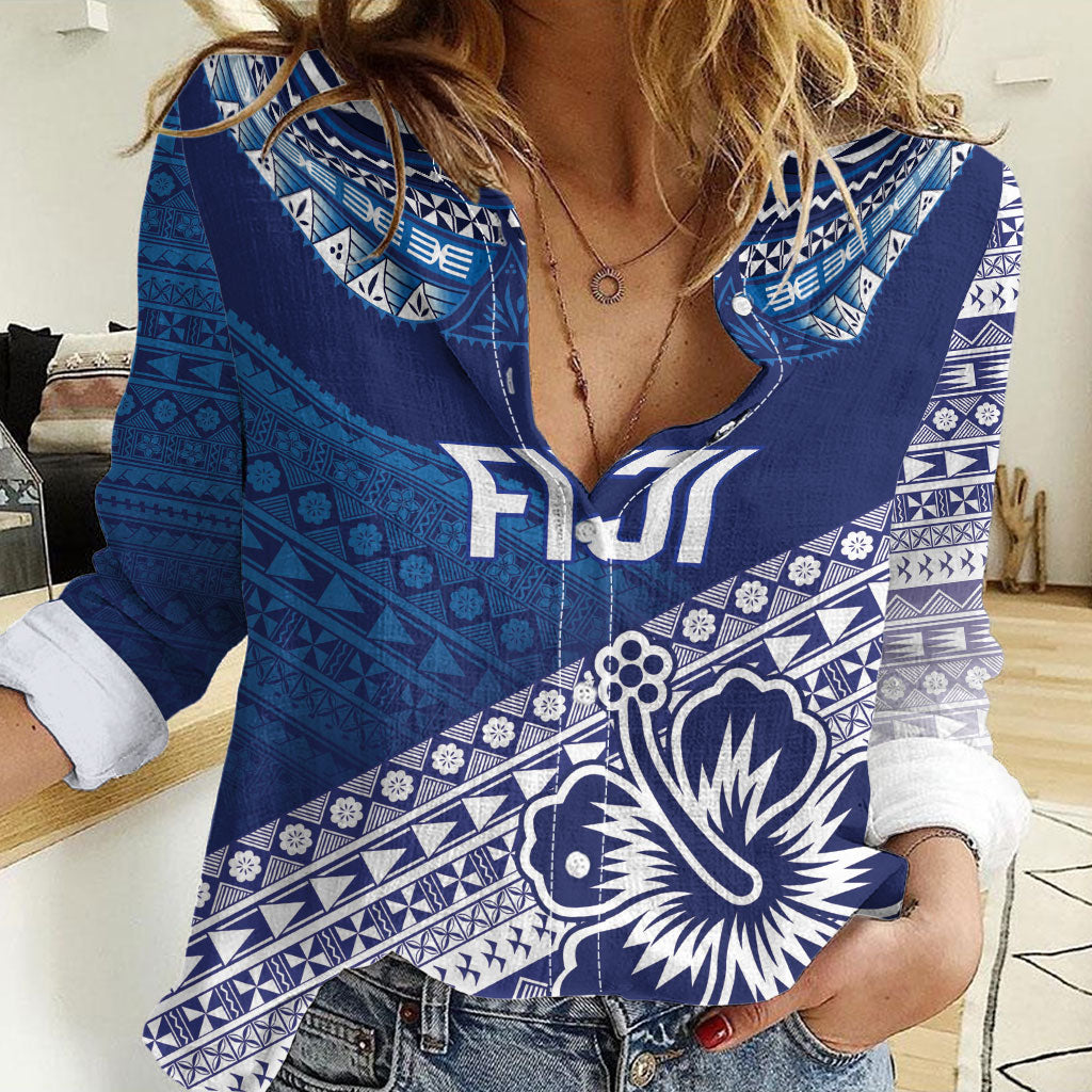 Custom Rugby Fiji Women Casual Shirt Blue Traditional Masi Inspired