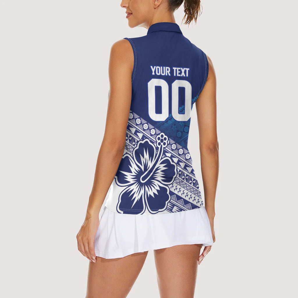 Custom Rugby Fiji Women Sleeveless Polo Shirt Blue Traditional Masi Inspired