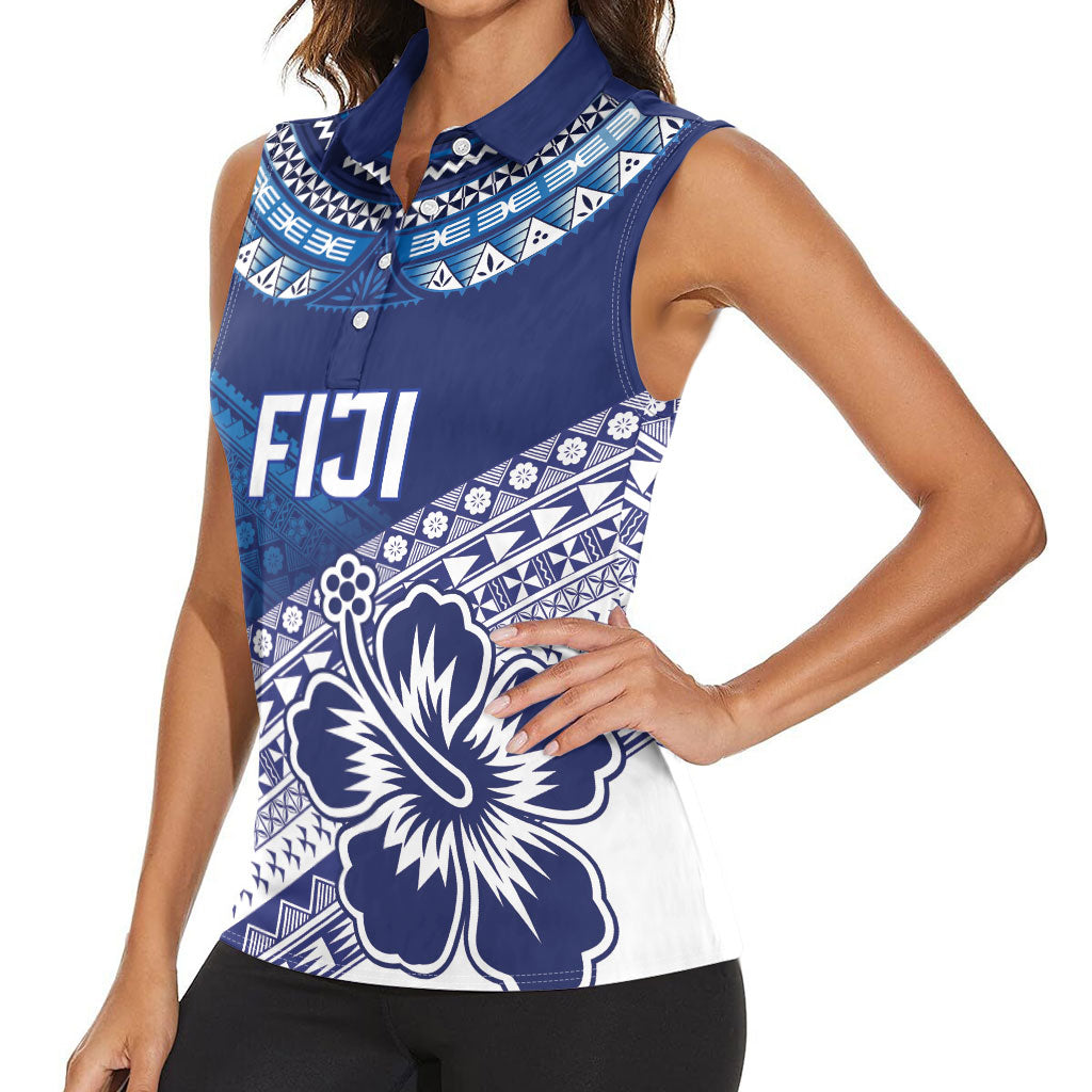 Custom Rugby Fiji Women Sleeveless Polo Shirt Blue Traditional Masi Inspired