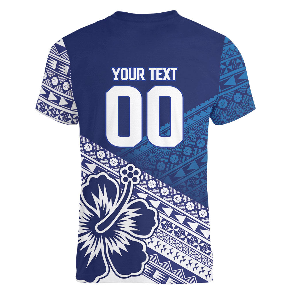 Custom Rugby Fiji Women V-Neck T-Shirt Blue Traditional Masi Inspired
