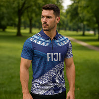 Custom Rugby Fiji Zipper Polo Shirt Blue Traditional Masi Inspired
