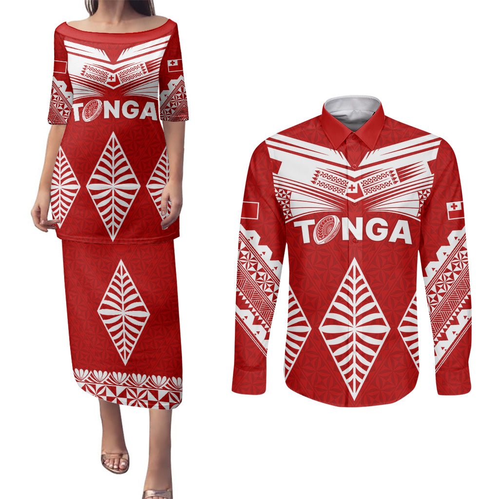 Tonga Rugby Couples Matching Puletasi Dress and Long Sleeve Button Shirts Proud Tongan Ngatu Kupesi World Cup 2023 No1 LT9 White - Polynesian Pride