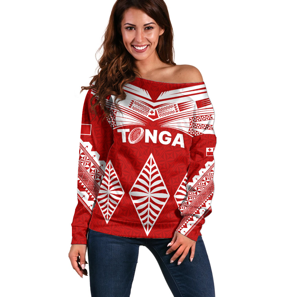 Tonga Rugby Off Shoulder Sweater Proud Tongan Ngatu Kupesi World Cup 2023 No1 LT9 Women White - Polynesian Pride